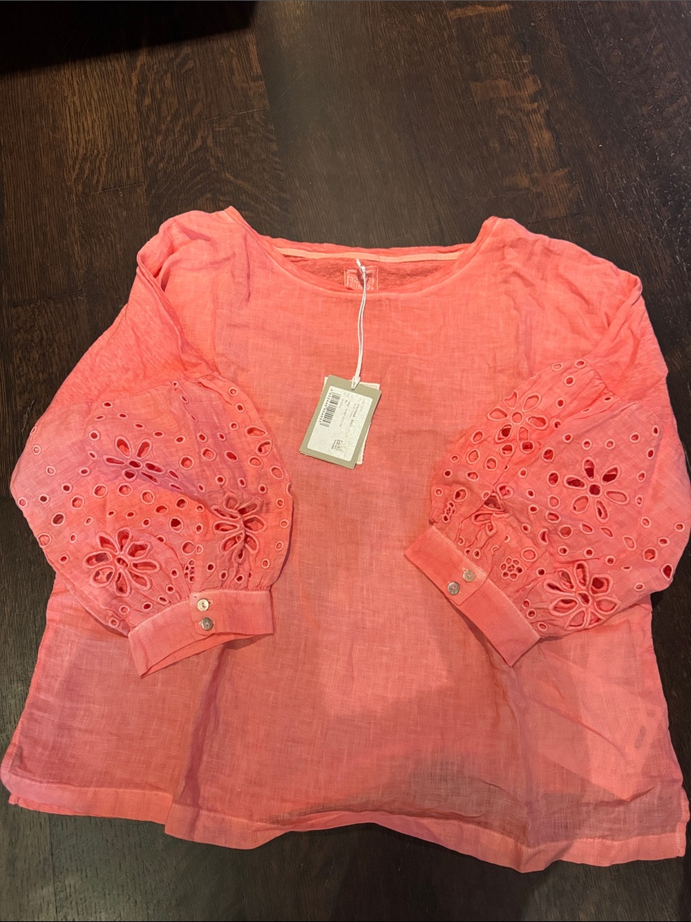 NWT 120% Lino Women’s Coral Eyelet Sleeve Blouse